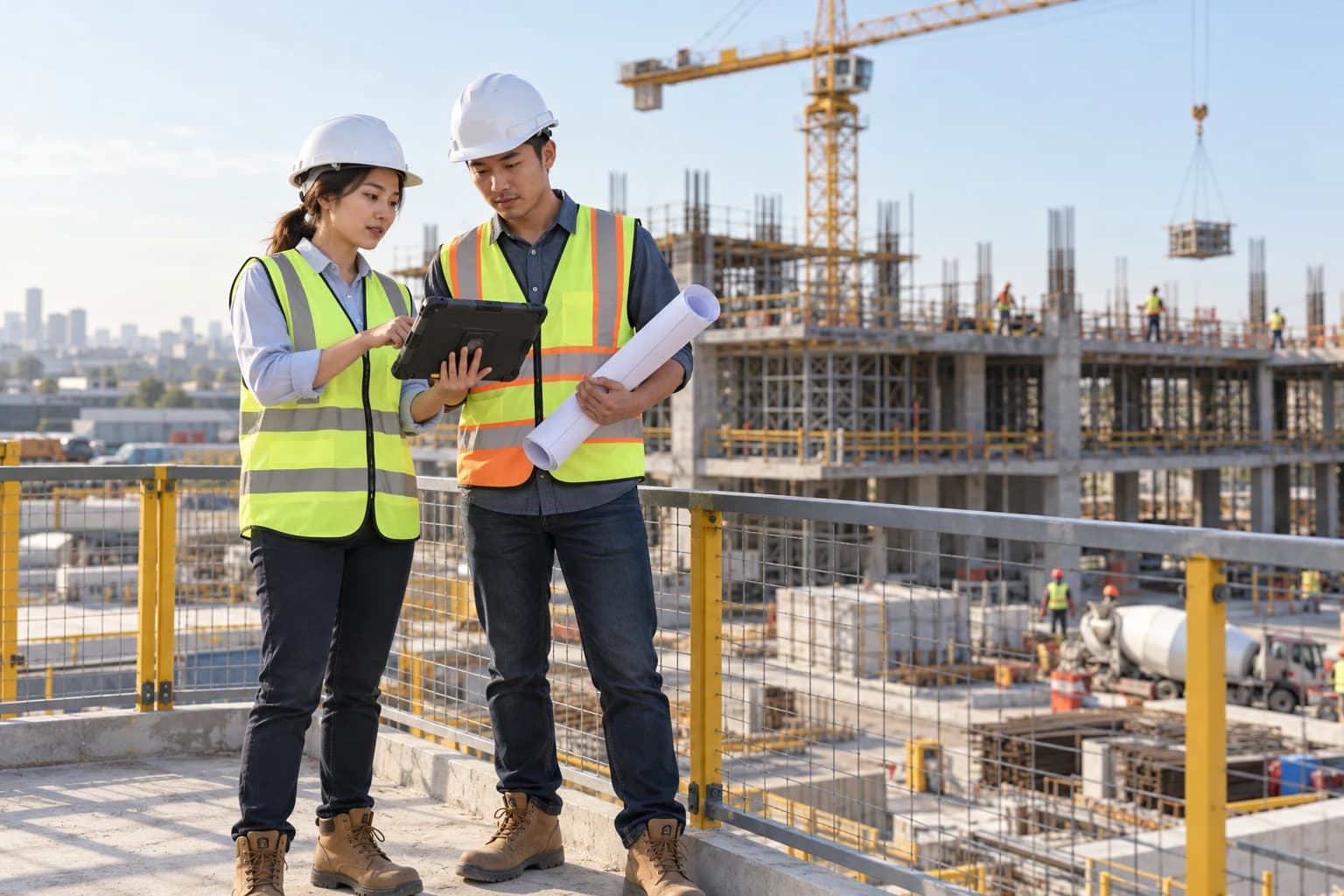 Illustration of two engineers reviewing project plans and site data on a tablet