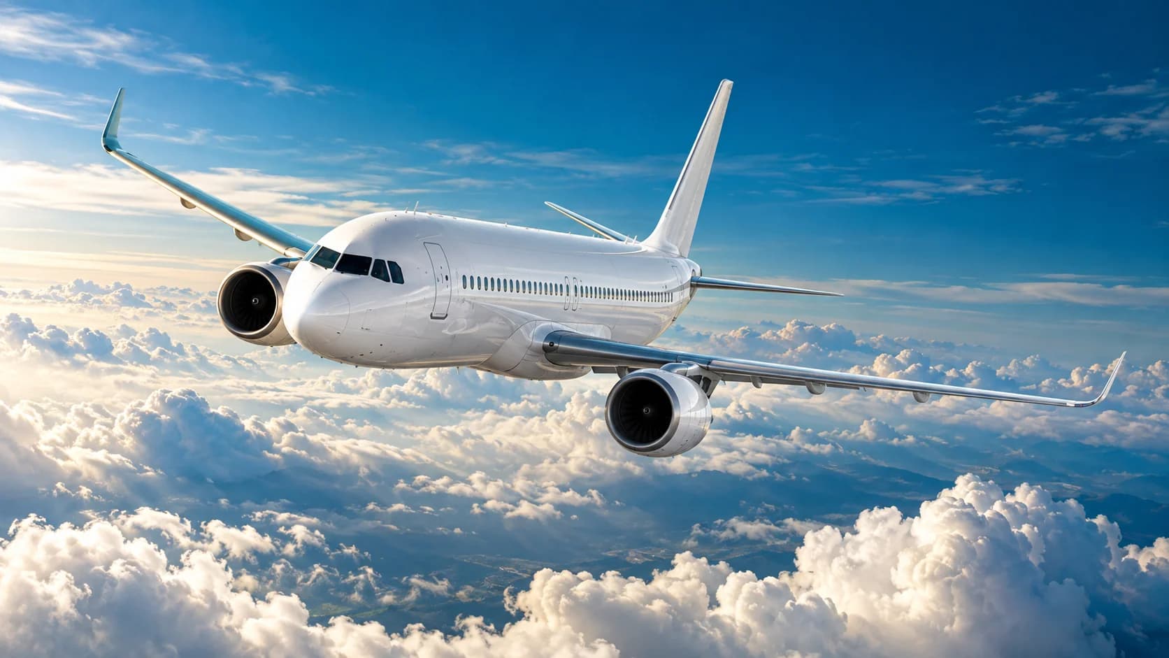 Illustrative image of a civil aircraft above clouds