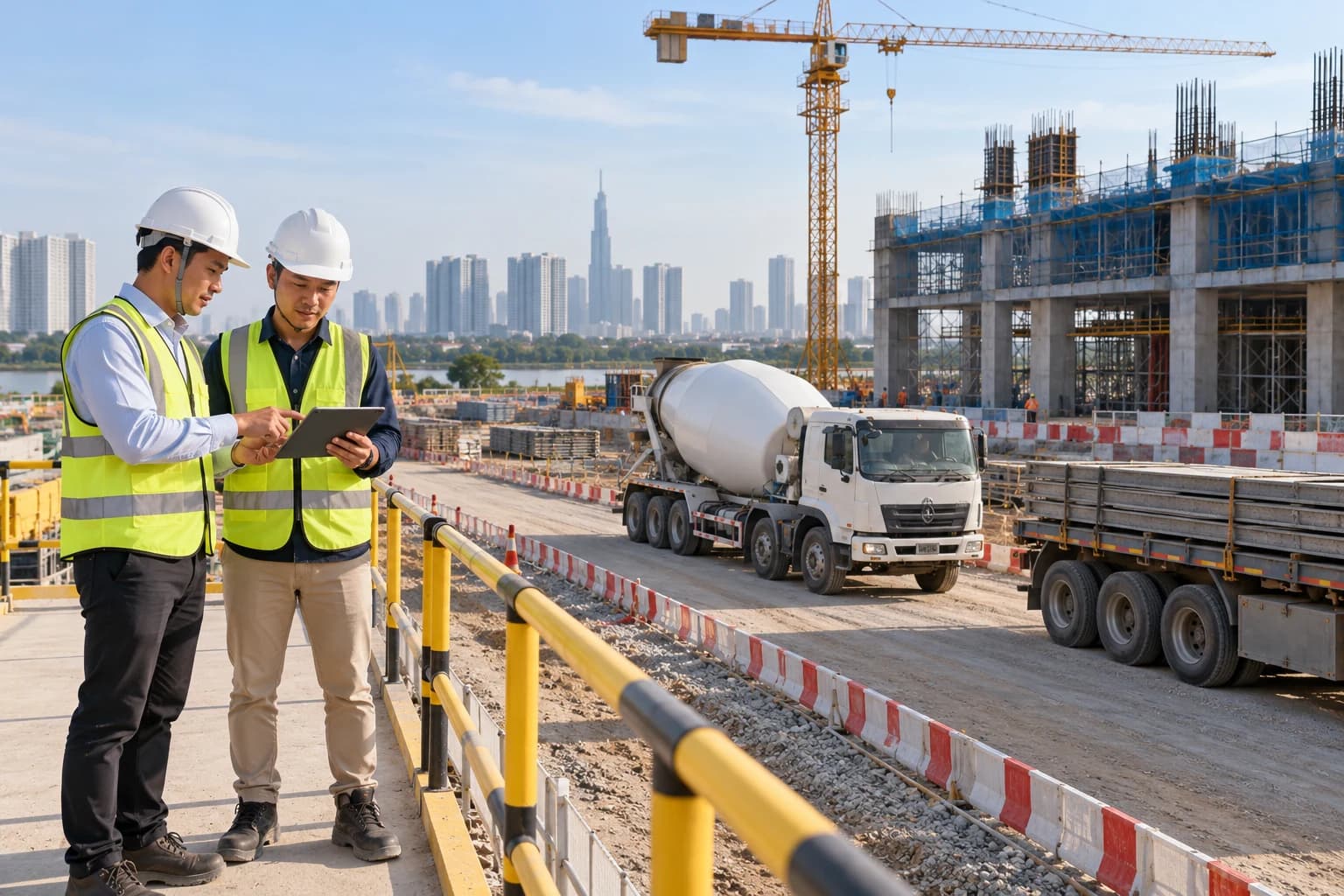 Kỹ sư điều phối xe và lịch giao nhận tại công trường, hình minh họa