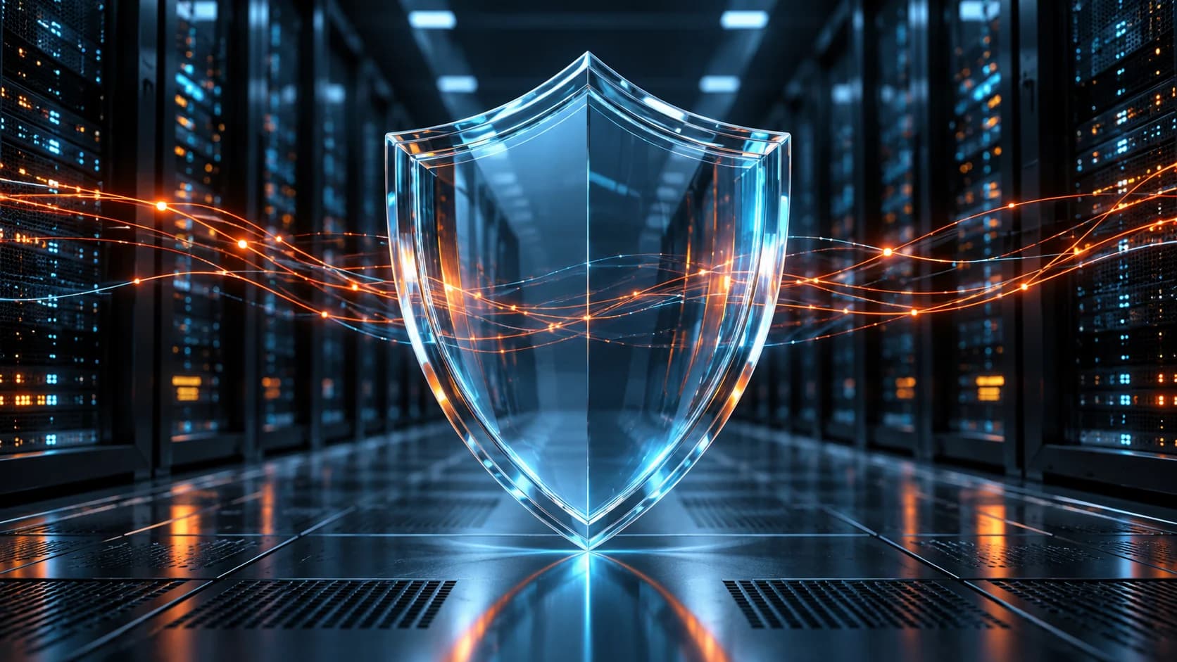 Illustrative glowing glass shield in a server corridor