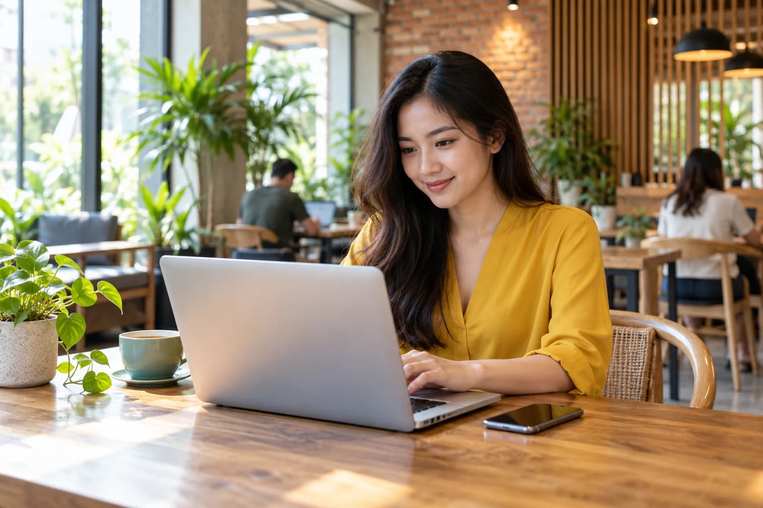 Hình minh họa nhân viên làm việc bằng laptop trong không gian linh hoạt