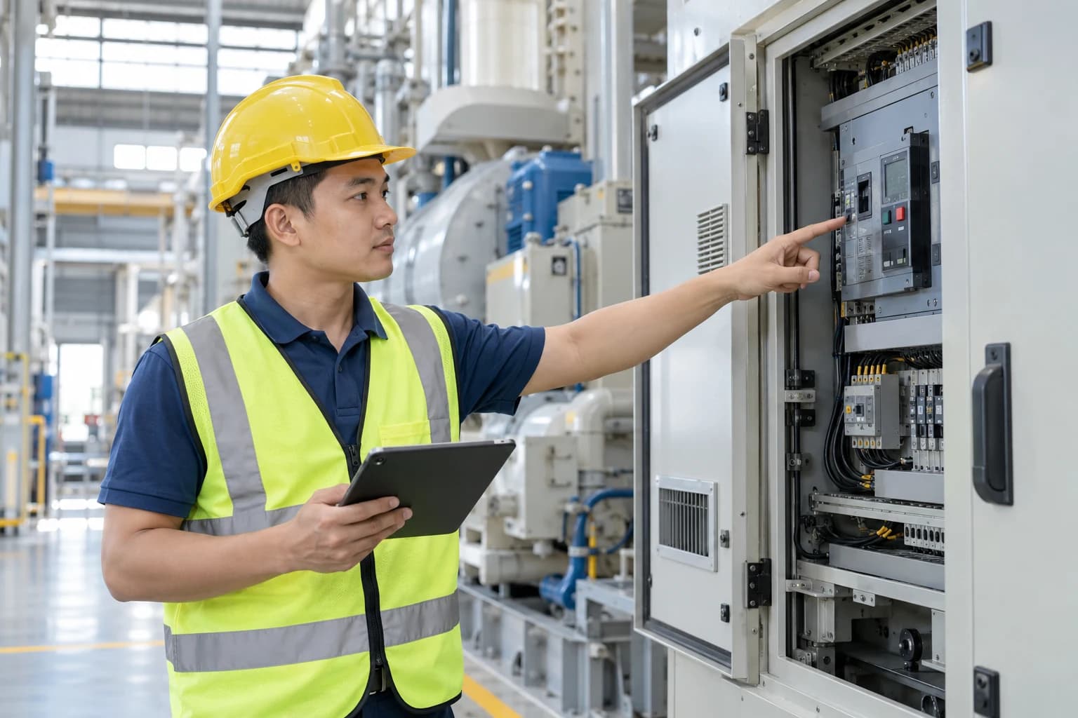 Hình minh họa kỹ sư đội mũ bảo hộ kiểm tra thiết bị công nghiệp bằng máy tính bảng