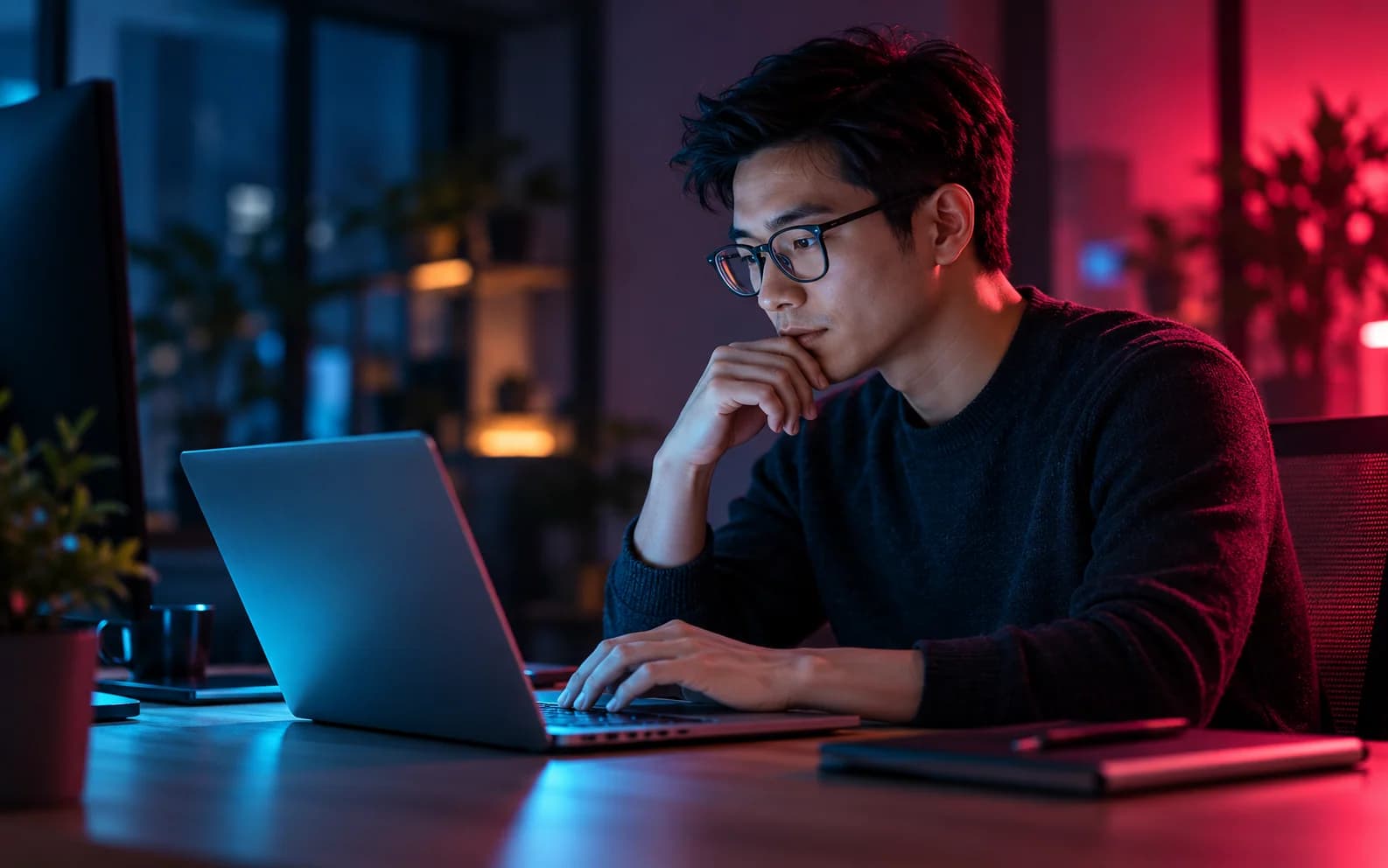 Software professional at work in a cyan and magenta-lit workspace