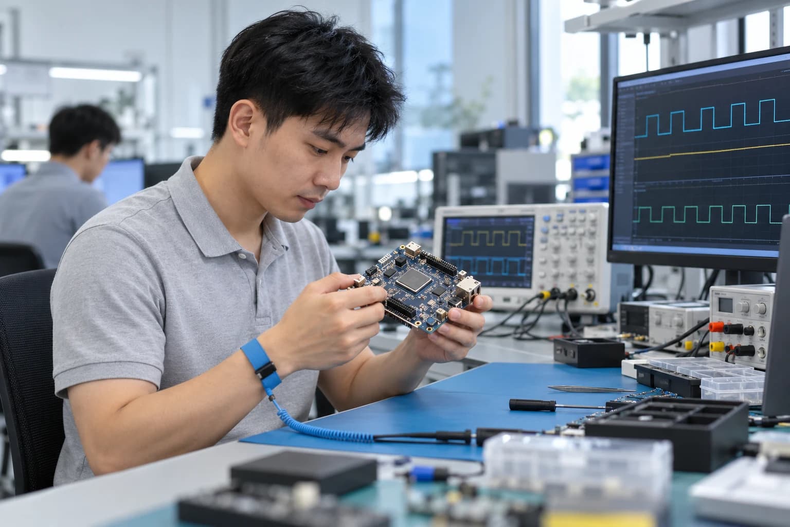 Illustration of an engineer inspecting an FPGA board in an electronics laboratory