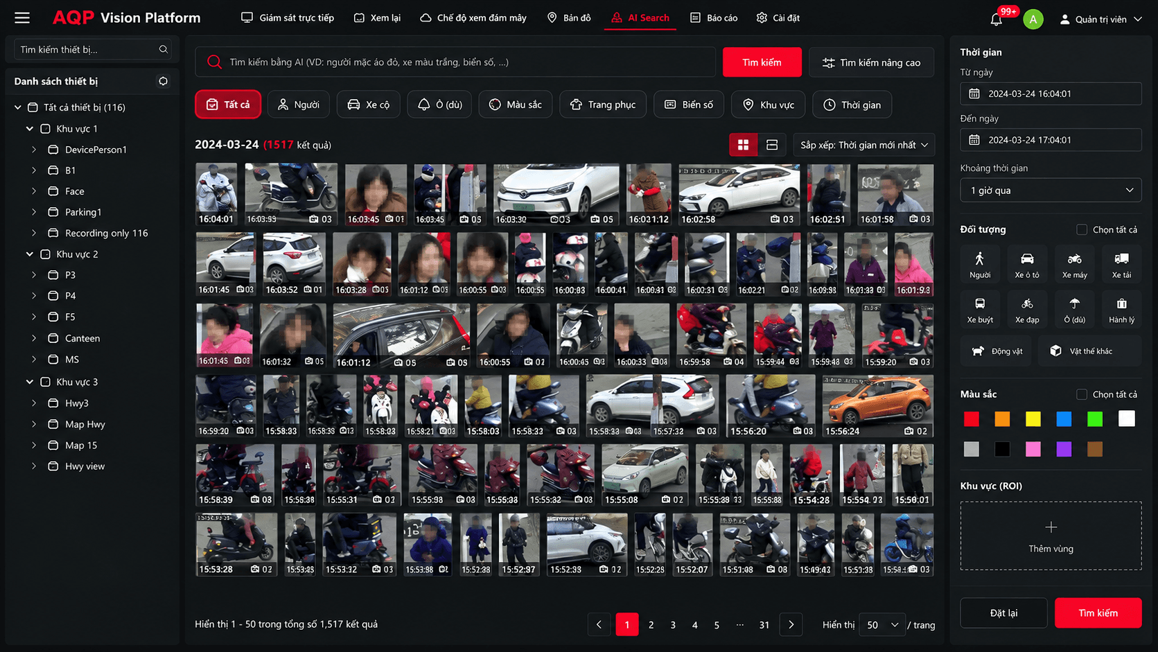 AI Search theo thuộc tính — Lọc theo người hoặc phương tiện rồi thu hẹp bằng màu sắc, trang phục, vật mang theo, biển số, khu vực và khoảng thời gian; kết quả trả về là ảnh kèm thời điểm và camera.